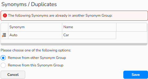 A screenshot of a warning message about a duplicate synonym entry. It displays two options to resolve the conflict.