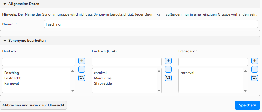 Ein Screenshot des Fensters „Synonymgruppe bearbeiten“ mit Optionen zum Hinzufügen von Begriffen. Es werden Optionen zur Eingabe von Begriffen in drei Sprachen angezeigt: Englisch, Deutsch und Französisch.