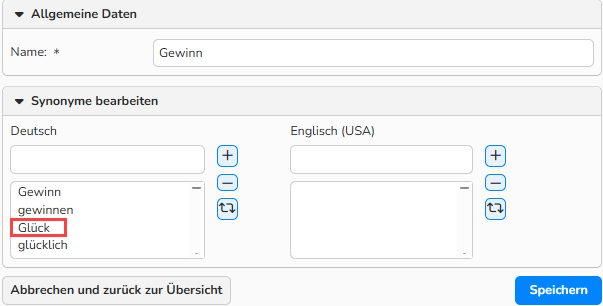 Screenshot eines Fensters zum Bearbeiten einer Synonymgruppe. Es zeigt ein Beispiel für die Eingabe eines Wortes, das bereits in einer anderen Synonymgruppe vorhanden ist.