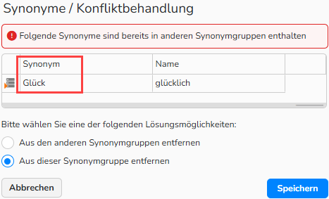 Ein Screenshot einer Warnmeldung über einen doppelten Synonym-Eintrag. Es werden zwei Optionen zur Behebung des Konflikts angezeigt.
