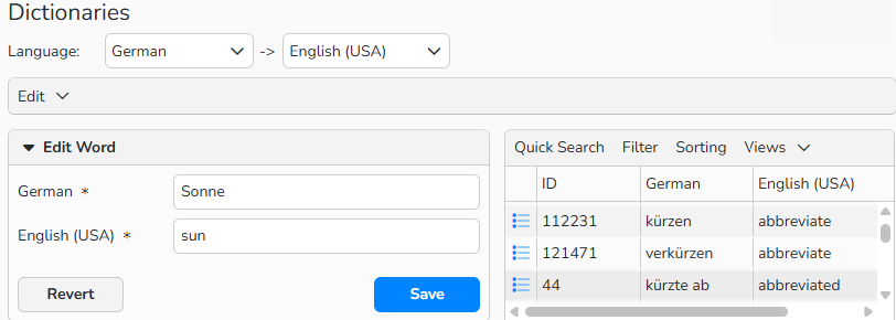 A screenshot of the Dictionaries window showing options to enter pairs of search terms in English and German.