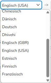 Screenshot einer Liste der verfügbaren Suchsprachen in Backstage.