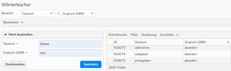 Ein Screenshot des Fensters „Wörterbücher“ mit Optionen zur Eingabe von Suchbegriffpaaren in Englisch und Deutsch.