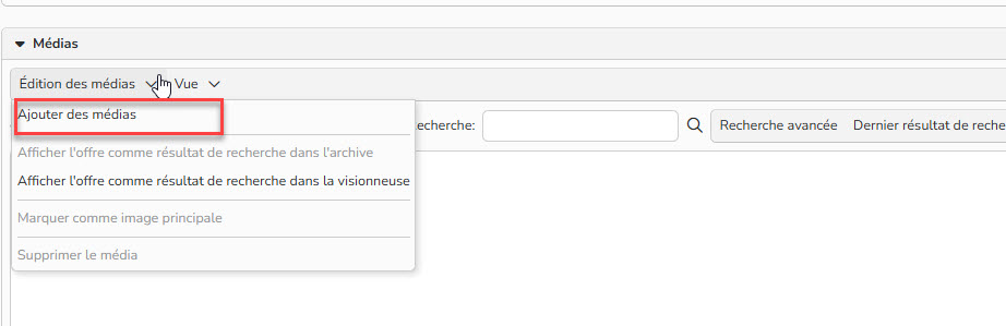 Capture d'écran mettant en évidence le menu Ajouter des médias