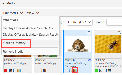 Screenshot of the Offer setup window. The Edit Media menu is open, Mark as Primary option is highlighted. A thumbnail is displayed with the primary image icon highlighted to indicate selection.
