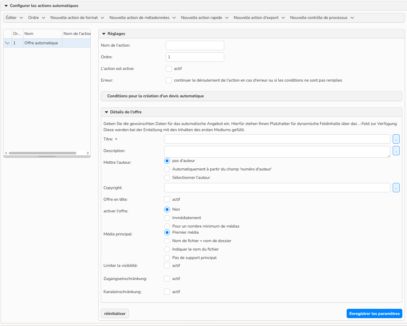 Capture d'écran de la configuration d'une offre automatique