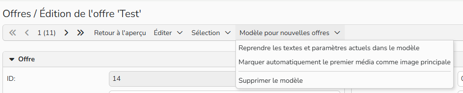 Capture d'écran montrant comment enregistrer comme modèle une offre