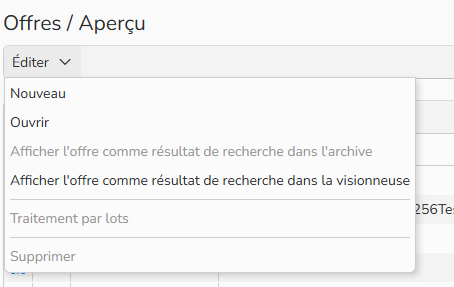 Capture d'écran mettant en évidence le menu Editer pour la gestion des offres