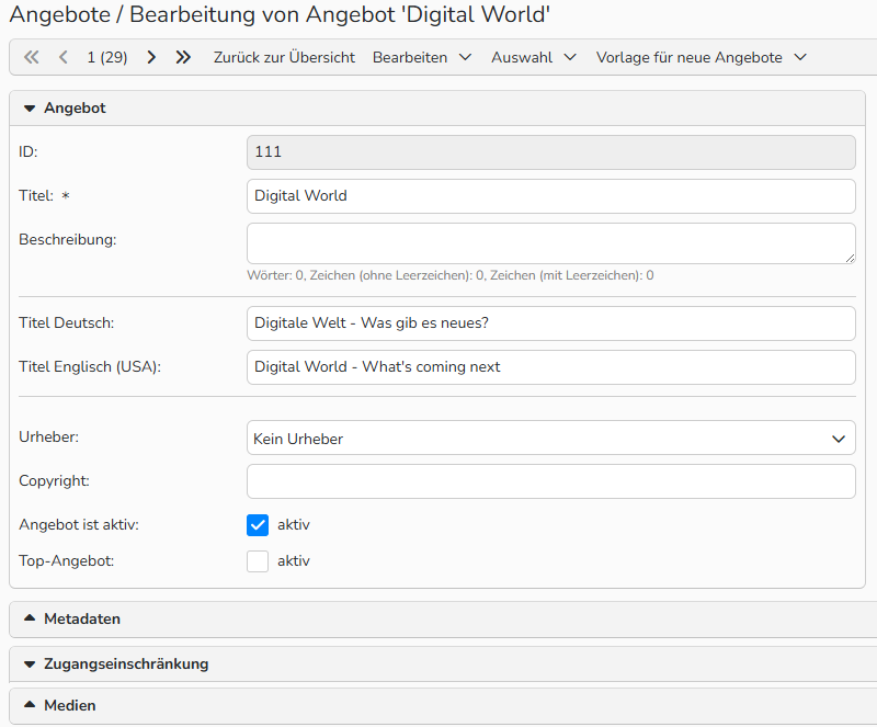 Screenshot des Einrichtungsfensters eines Angebots, die Option zur Aktivierung des Angebots für Kunden ist aktiviert.