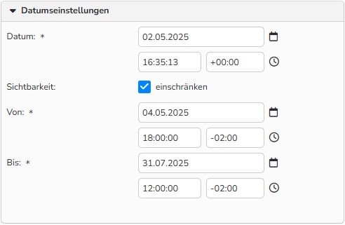Screenshot des Fensters „Angebote/Bearbeitung eines Angebots“ mit den Optionen zur Konfiguration der „Datumseinstellungen