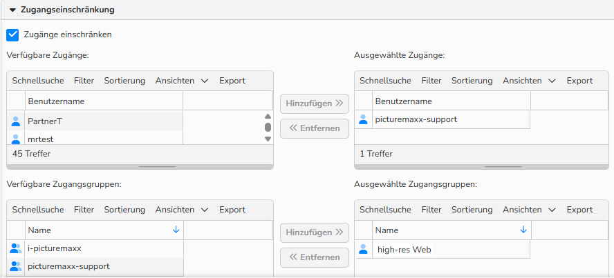 Screenshot des Fensters „Angebote/Bearbeitung eines Angebots“ mit den Optionen zur Beschränkung des Angebots auf ausgewählte Zugänge und Zugangsgruppen.