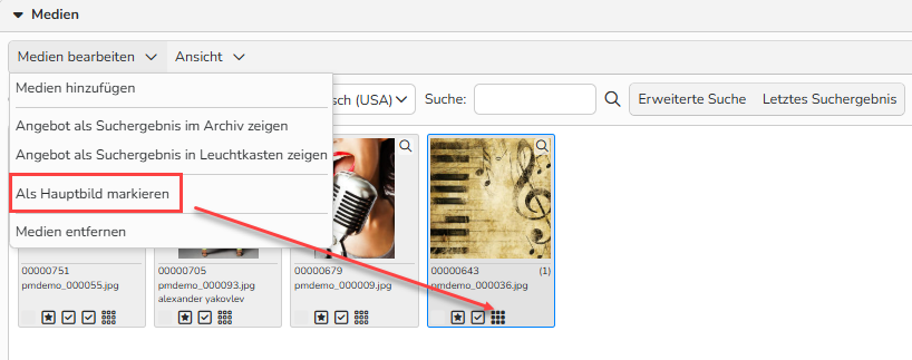 Screenshot des Fensters „Angebote/Bearbeitung eines Angebots“. Das Menü „Medien bearbeiten“ ist geöffnet, die Option „Als Hauptbild markieren“ ist hervorgehoben. Es wird eine Miniaturansicht angezeigt, wobei das Symbol für das primäre Bild hervorgehoben ist, um die Auswahl anzuzeigen.