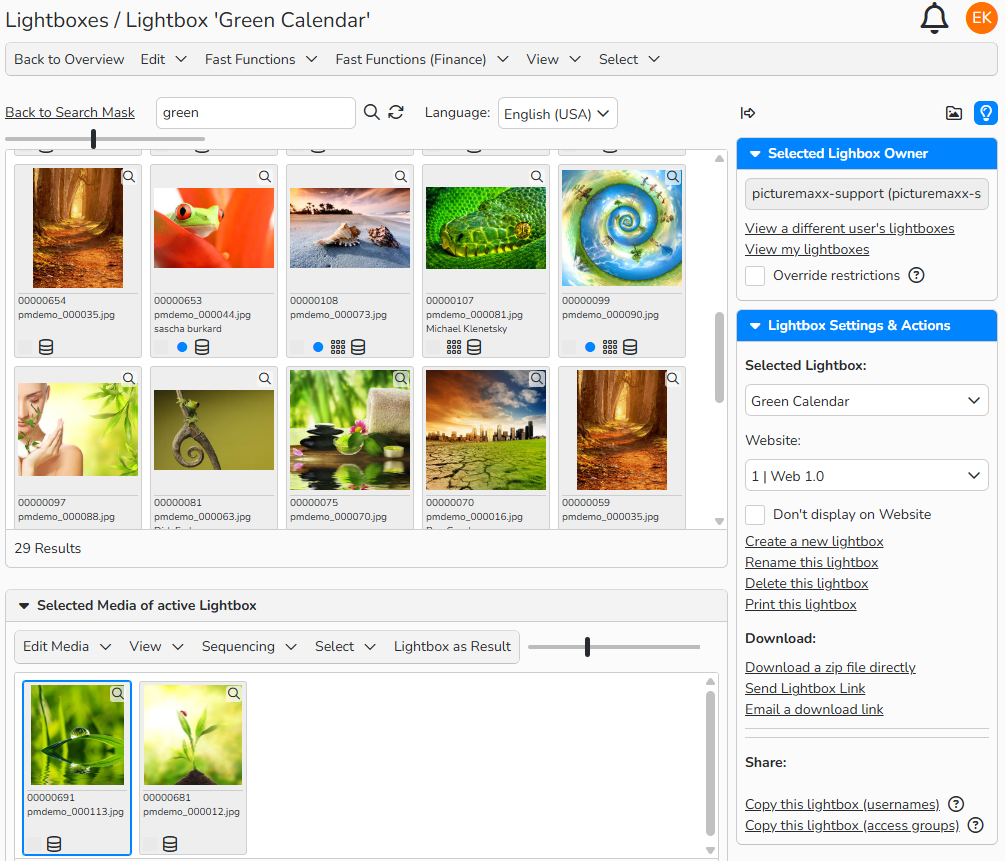A screenshot of a lightbox that contains selected images and displays available lightbox features, including download and sharing options.