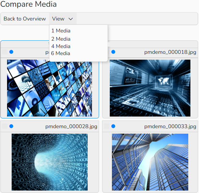 A screenshot of the Compare Media dialog showing four media files selected for comparison. A menu to select a number of media files to compare is also displayed.
