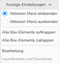Ein Screenshot des Dialogfelds „Anzeige-Einstellungen“ mit den Optionen zur Einstellung für das rechte seitliche Menü. Die Option „Aktionen-Menü einblenden“ ist ausgewählt.