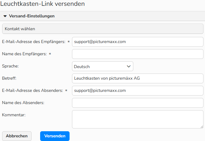 Screenshot des Fensters „Leuchtkasten-Link versenden“ mit dem Bereich „Versand-Einstellungen“. Hier werden die auszufüllenden Felder des Kontaktes dargestellt, an den der Leuchtkasten versendet werden soll.