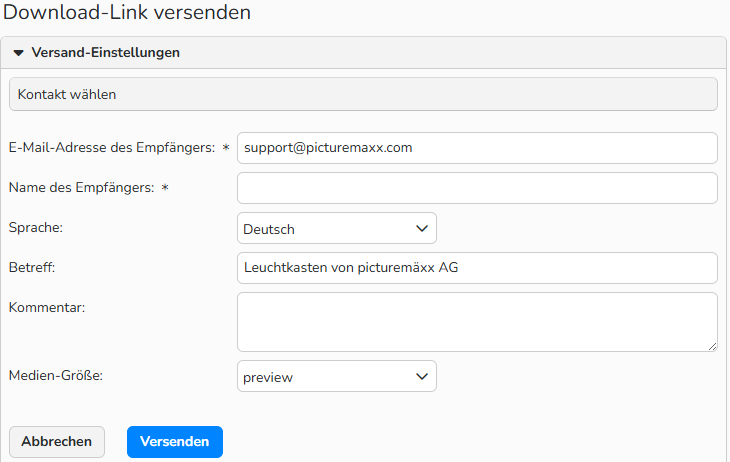 Screenshot des Fensters „Download-Link versenden“ mit dem Bereich „Versand-Einstellungen“. Hier werden die auszufüllenden Felder des Kontaktes dargestellt, an den der Leuchtkasten versendet werden soll.
