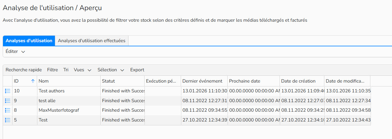 Capture d'écran montrant l'Aperçu de l’Analyse de l’utilisation