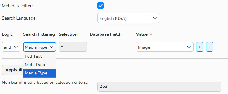archive_analysis_metadata_filter Screenshot of the Media Selection panel in Archive Analysis. The Metadata Filter is enabled, displaying filtering options and the resulting count of matching images.