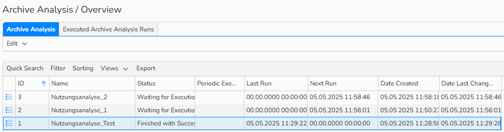 en_archive_analysis_overview Screenshot of Archive Analysis window showing the overview of all analysis runs in the Archive Analysis tab. The Executed Archive Analysis Runs tab is visible.