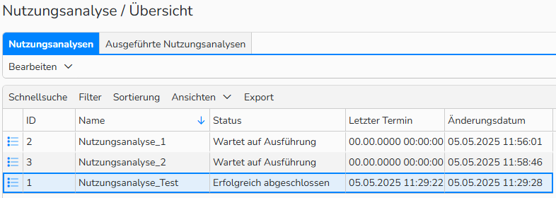 Screenshot des Fensters „Nutzungsanalyse“ mit einer Übersicht aller Analysevorgänge auf der Registerkarte „Nutzungsanalysen“. Die Registerkarte „Ausgeführte Nutzungsanalysen“ ist sichtbar.