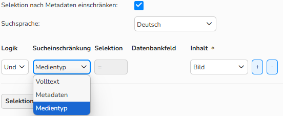 Screenshot des Medienauswahlfensters in der Nutzungsanalyse. Der Filter „Selektion nach Metadaten einschränken“ und Sucheinschränkung 