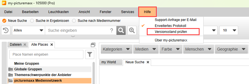 Screenshot der my-picturemaxx-Anwendung mit Interface-Optionen zur Überprüfung des Versionsupdates.