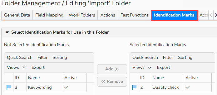 A screenshot of the Identification Marks tab in the Folder Management dialog. UI elements to assign identification marks to the selected folder are displayed.