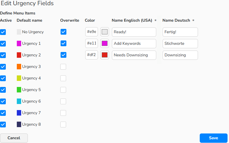 Screenshot of the Edit Urgency Fields dialog, showing interface options to tailor info labels and colors for the urgency menu.