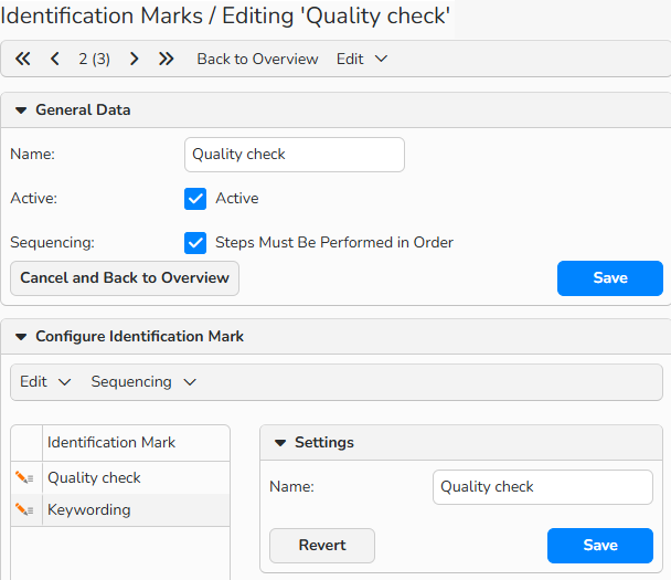 Screenshot of the Identification Marks setup dialog, showing interface options for adding multiple marks to different workflow steps.