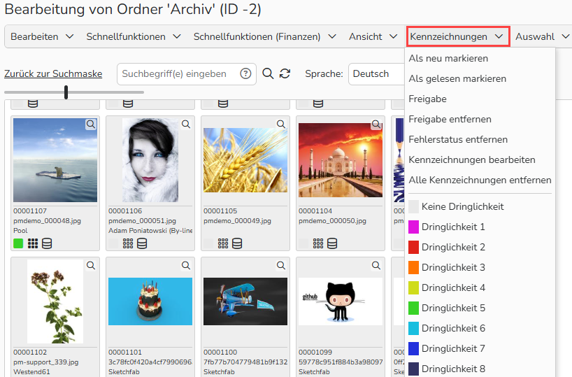 Screenshot des Archiv-Ordners, der die Menüoptionen für Kennzeichnungen von Medien zeigt.