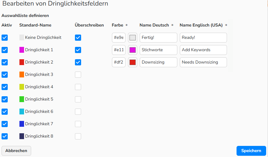 Screenshot des Dialogfelds „Bearbeiten von Dringlichkeitsfeldern“ mit Optionen zur Anpassung der Informationsbeschriftungen und Farben der Dringlichkeitsstufen.
