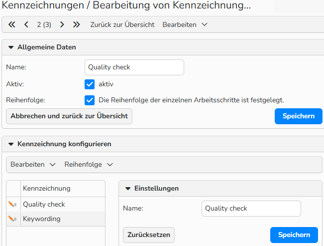 Screenshot des Dialogfelds „Bearbeitung von Kennzeichnungen“ mit den Optionen zum Hinzufügen mehrerer Markierungen zu verschiedenen Workflow-Schritten.