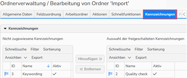 Ein Screenshot der Registerkarte „Kennzeichnungen“ im Dialogfeld „Ordnerverwaltung“. Es werden UI-Elemente angezeigt, mit denen dem ausgewählten Ordner Kennzeichnungen zugewiesen werden können.