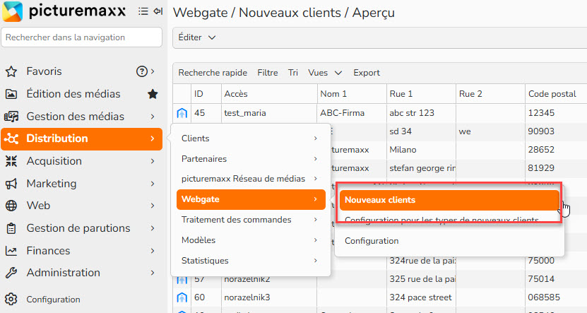 2026-01-16_15-25-32 Capture d'écran mettant en évidence le menu Webgate Nouveaux Clients