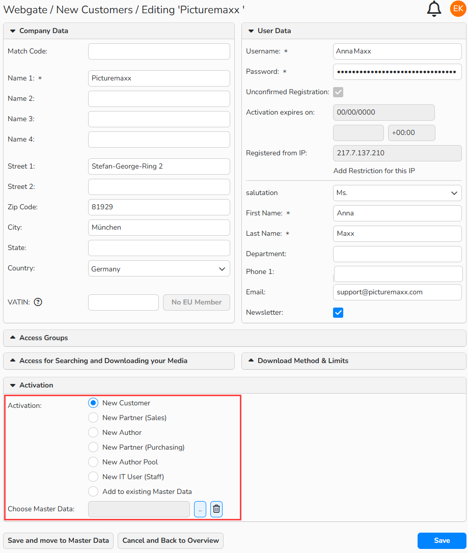 Screenshot of the Webgate/New Customers window showing master data details for a new customer. The options are highlighted that allow assigning the new customer to the appropriate area in Backstage.