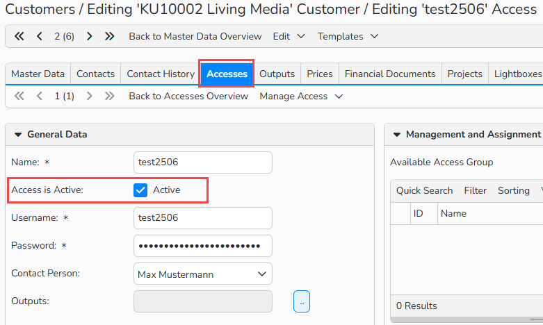 A screenshot of a Customer master data window showing the Accesses tab. The Access is Active option is enabled and highlighted.