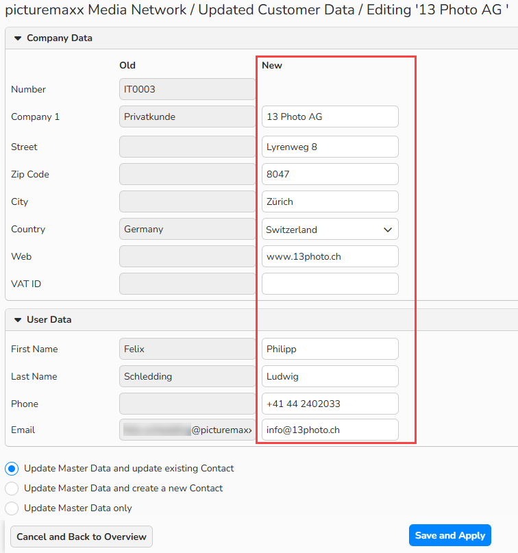 A screenshot of the Updated Customer Data window for picturemaxx Media Network showing options to update customer details. The New column is highlighted.