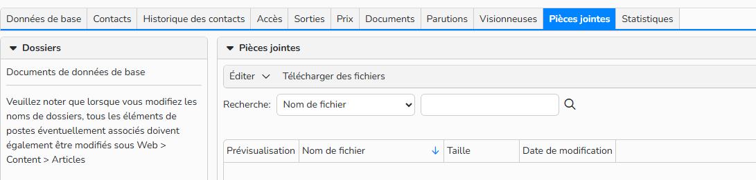 Capture d'écran de l'onglet Pièce jointes