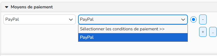 Capture d'écran mettant en évidence le menu déroulant Moyens de paiement