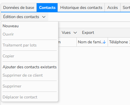 Capture d'écran mettant en évidence le menu Editions des contacts