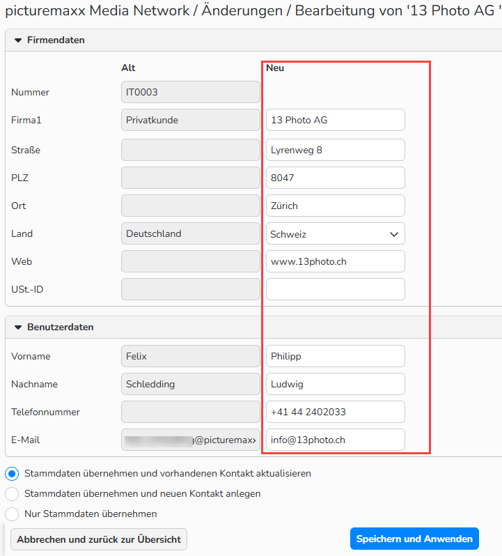 Ein Screenshot des Fensters „Änderungen/Bearbeitung von Kunde xxx“ für picturemaxx Media Network mit Optionen zur Aktualisierung von Kundendaten. Die Spalte „Neu“ ist hervorgehoben.