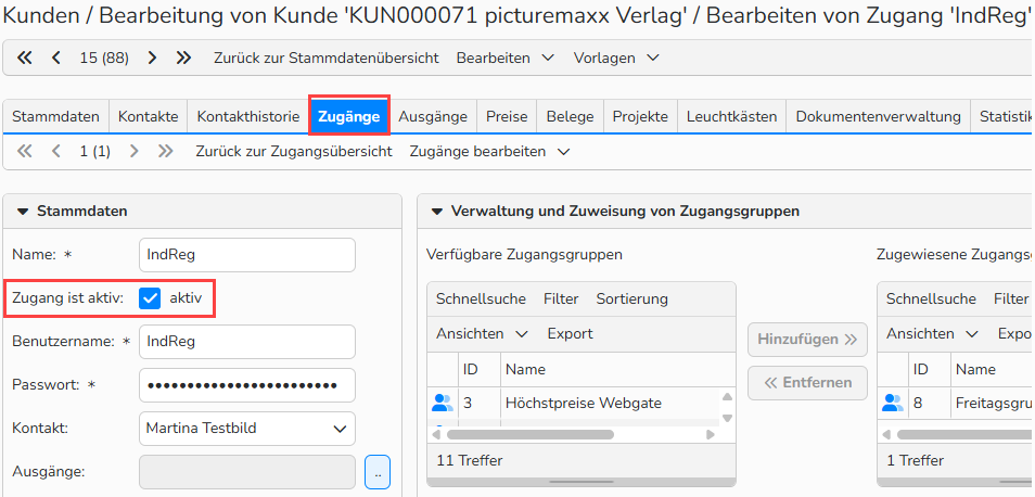 Ein Screenshot des Fensters „Kundenstammdaten“ mit der Registerkarte „Zugänge“. Die Option „Zugang ist aktiv“ ist aktiviert und hervorgehoben.