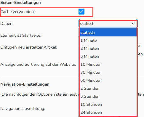Screenshot des Bereichs Seiten-Einstellungen. Die Checkbox Cache verwenden ist aktiviert und hervorgehoben, genauso wie die Optionen zur Einstellung der Dauer.