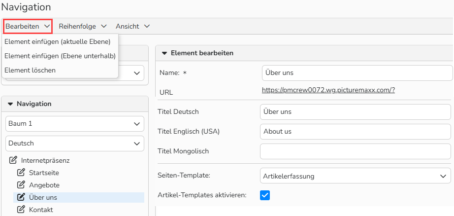 Screenshot des Fensters Navigation. Der Menüpunkt Bearbeiten zum Einfügen oder Löschen eines Elements ist hervorgehoben.