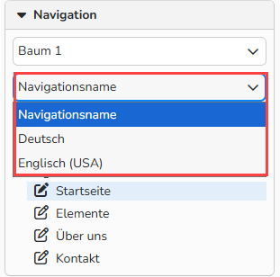 Screenshot des Bereichs Navigation mit der Sprachauswahl des Namens. Dieser Bereich ist hervorgehoben.