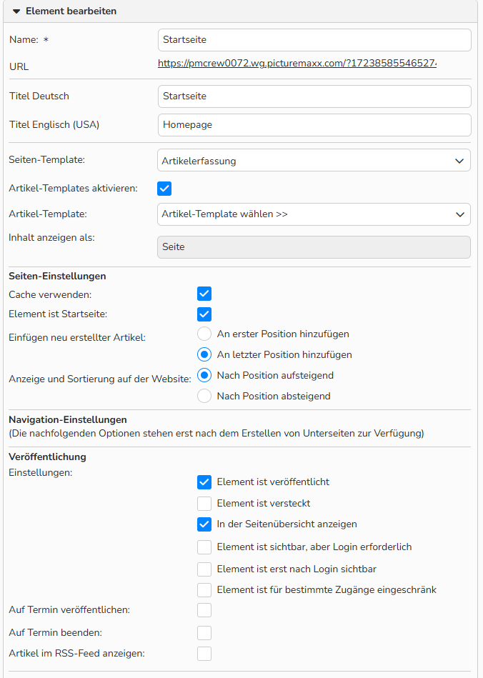 Screenshot des Fensters Navigation mit den Optionen zur Bearbeitung des Seiten-Elements