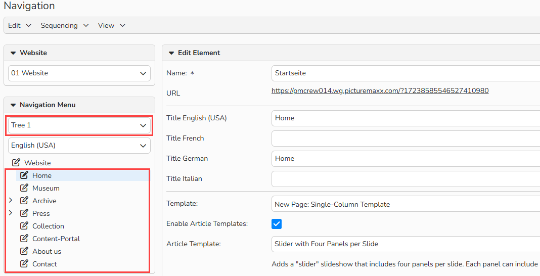 Capture d'écran montrant comment configurer la navigation sur la page Web, avec la navigation principale et les éléments du menu mis en évidence.