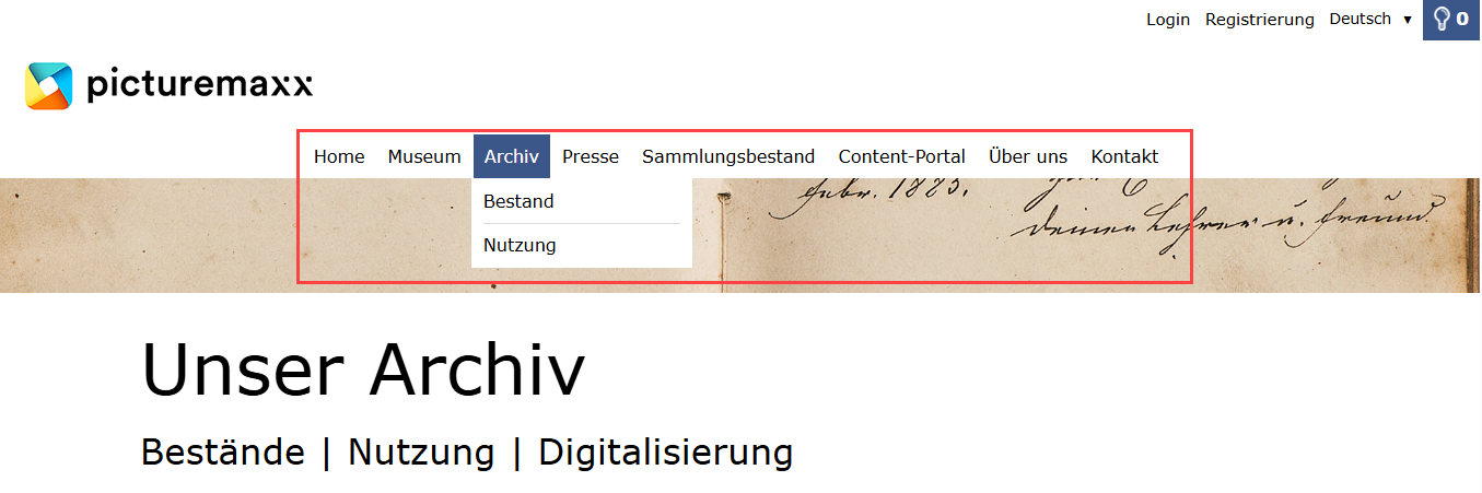 web_navigation_submenu_frontend_de Screenshot der Website mit dem angelegten Menü und den Sub-Menü-Elementen.