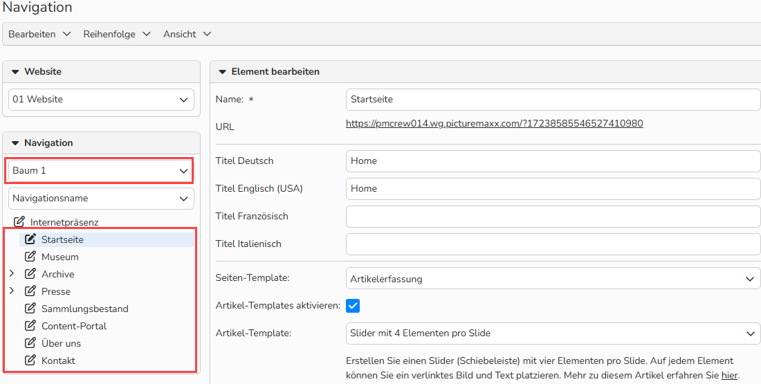 web_navigation_tree_de Screenshot des Fensters zur Einrichtung der Webseitennavigation, wobei die Hauptnavigation und die Menüelemente hervorgehoben sind.